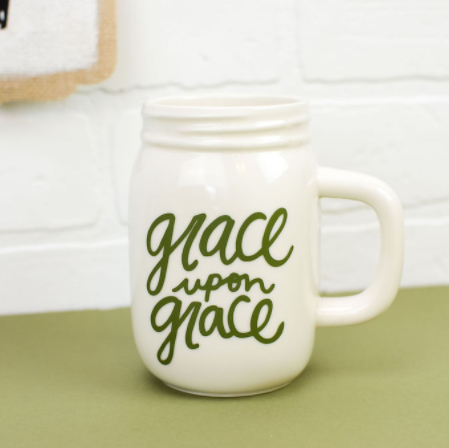 Mason Jar Mug with Vinyl Decal saying Grace upon Grace on it