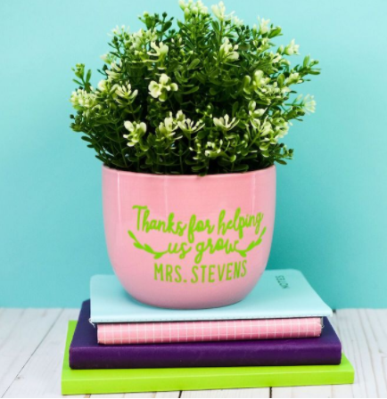 Planter Vinyl Decal with text "Thanks for helping us grow Mrs. Stevens"