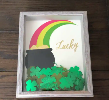 lucky pot of gold with rainbow and shamrocks shadow box