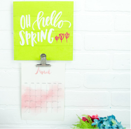 Vinyl Die Cut Spring Calendar Holder - says Oh Hello Spring on it and has a few little tulips added
