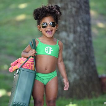 Little Girl In Monogrammed Green Bathing Suit